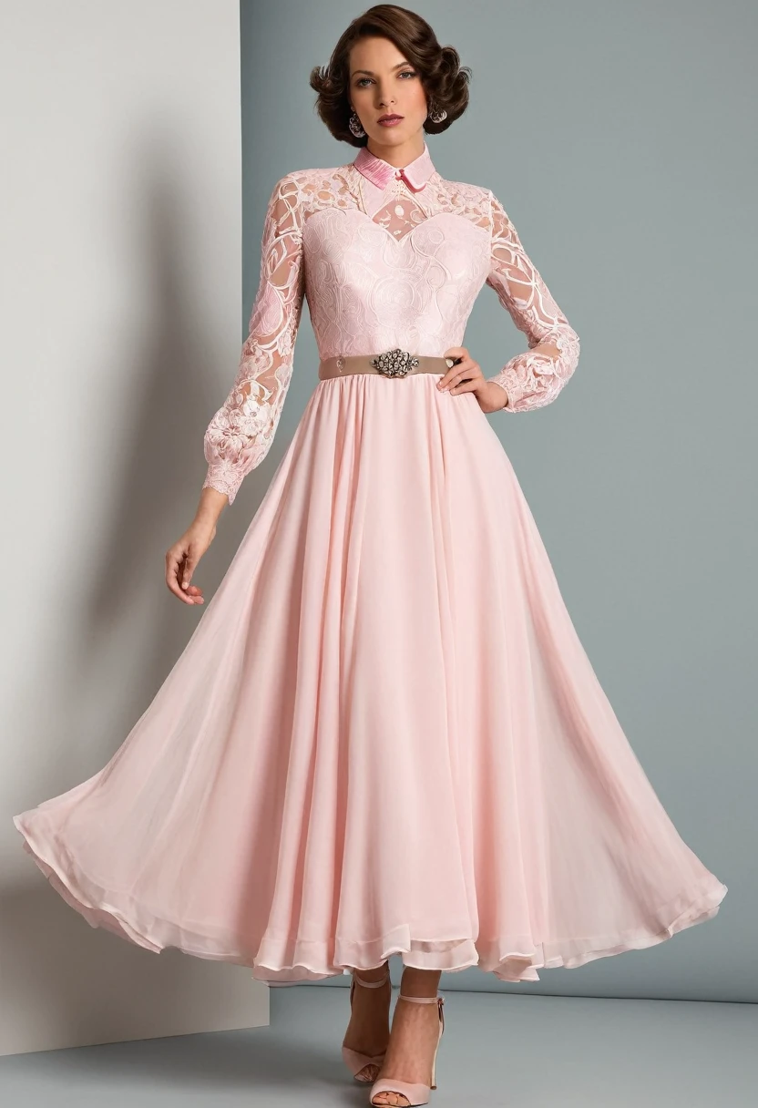full-length ,dress with a design inspired by the 1920s or 1950s. Featuring puffy skirts, lace and chiffon details, and bejeweled belts. Pink 