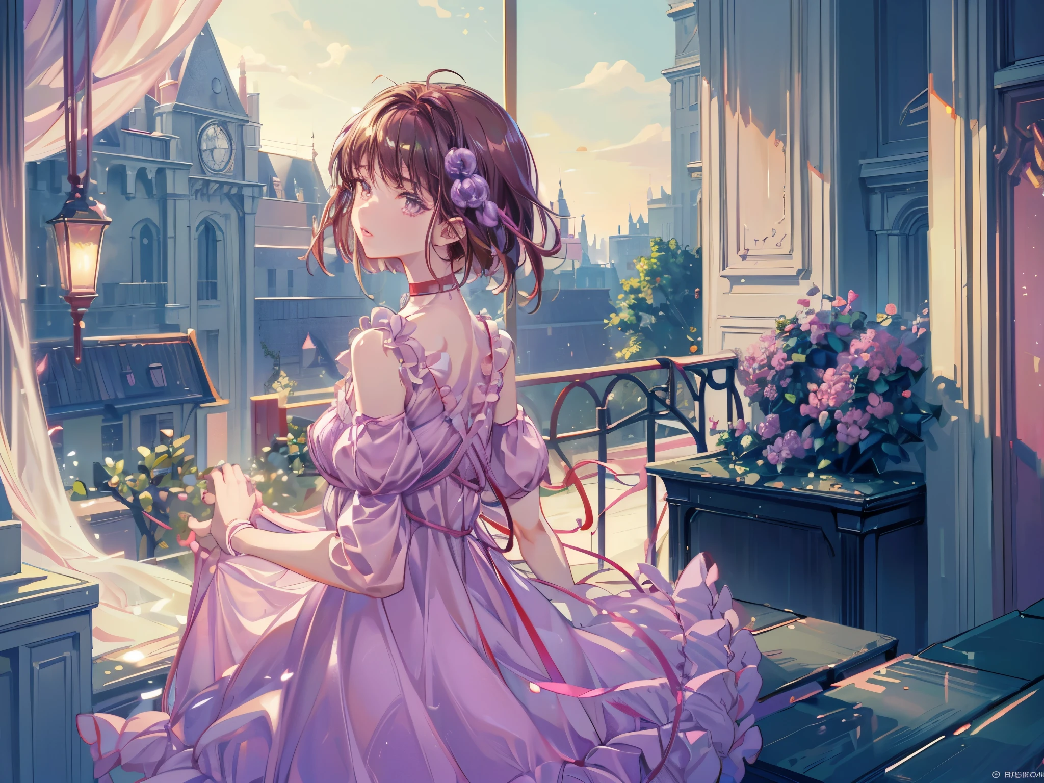 Reala, hair ornament, red choker, pink dress, (masterpiece, Absurd quality, Highest quality, Official Art, beautifully、aesthetic:1.2), 16K, Cute  girl, Very detailed, Digital Art, colorful, Most detailed, Bright colors, (Conversion Sequence), Baby Face, Cinema Lighting, Dynamic Angle, landscape, scenery, (difficult:1.5), (One girl:1.5), (indoor:1.5), Bedroom, lamp, (Hotel Rooms:1.3), (Very detailed lips:1.3), eyelash, Very detailed顔, (Perfect Legs, Perfect hands, Perfect Anatomy：1.1), Depth of written boundary, Speckled sunlight, Beautiful lighting, Little, Floating Hair,