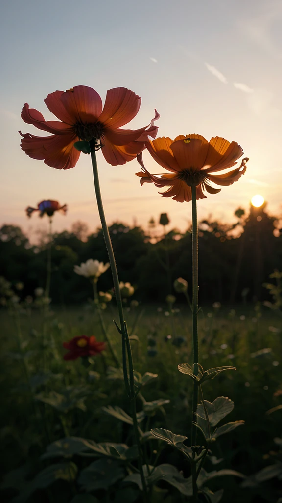 Some cosmos flower in one frem background blur and sunset