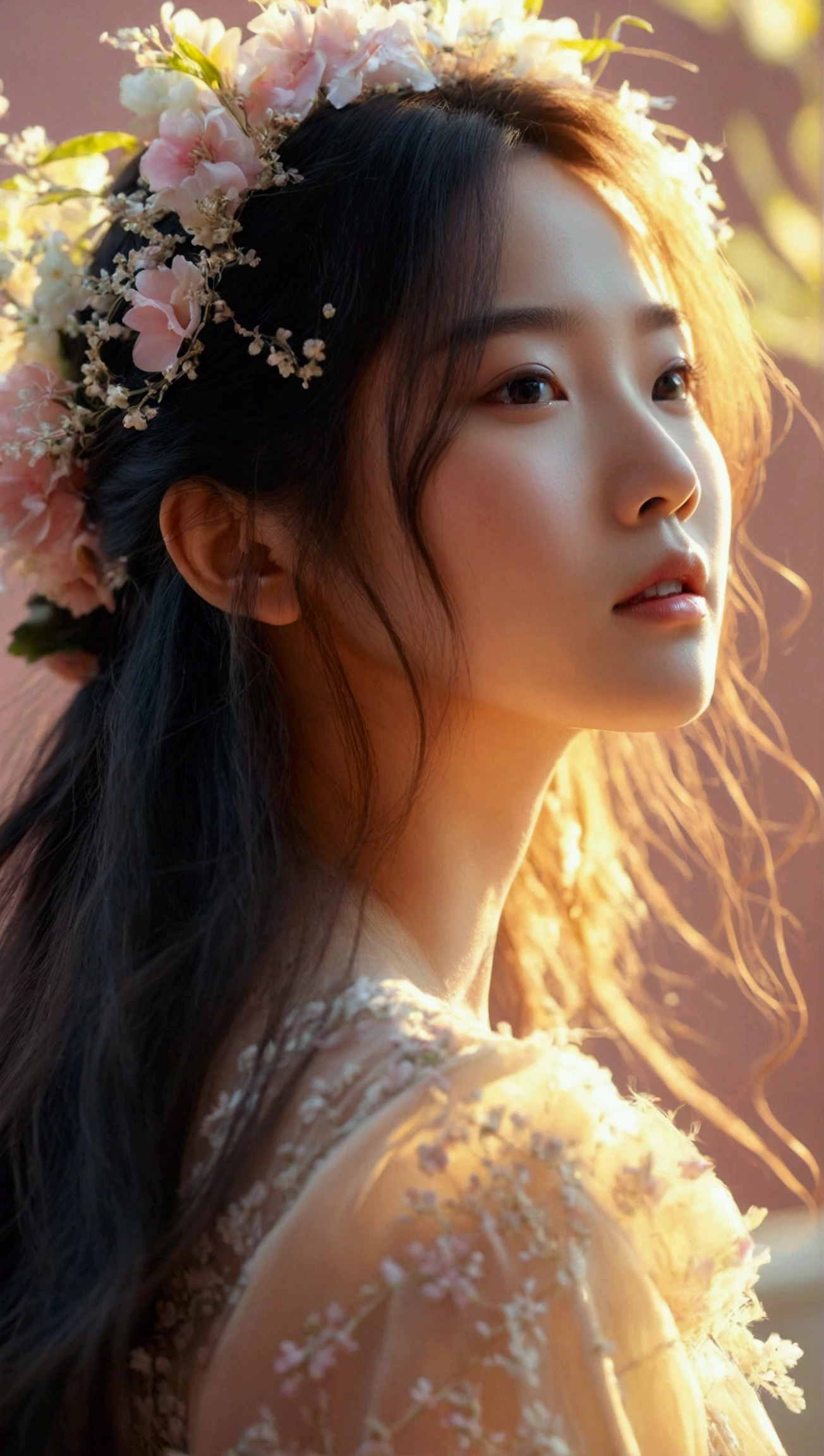 Realistic photo of (1 cute Korean actress) long straight hair, thin makeup, medium breasts, long dress, close up, Canon EOS clear facial features 8K high resolution, sharp detail, realistically
