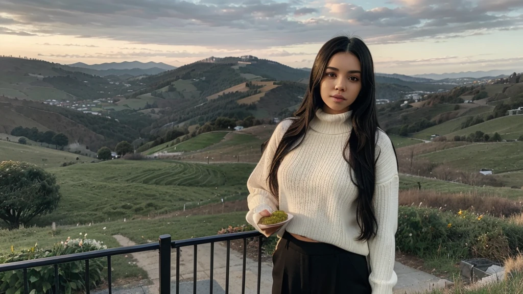 a girl(who is wearing white highneck sweater and black pant, long black hair ) is standing with a plate of food in her hand, side pose,more realistic, background green hills, evening scene