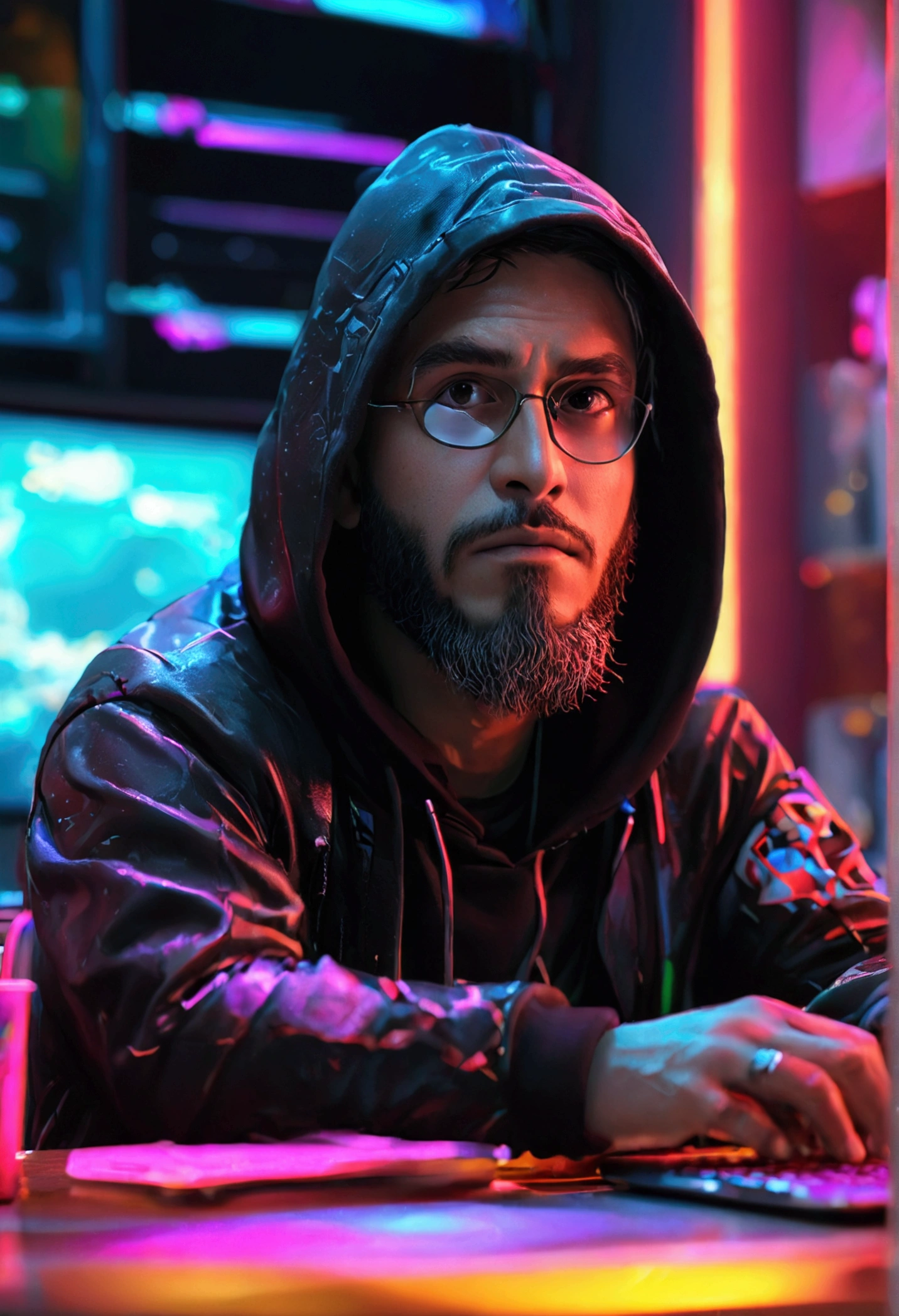 arafed news anchor , a hacker wearing a black hoodie , sitting at a table with a laptop and a microphone, unsplash, realism, , in a streamer studio room, neon ambiance , looking to camera, a photo of a man, portrait shot 8 k, photo portrait, looking towards the camera , ultra detail, high resolution, ultra detailed, best quality, amazing, top quality, extremely detailed CG unity 8k wallpaper, cinematic lighting.
, barnet, toon, Pixar-style, 3d, Cartoon s, face detailed, asymmetrical 16k