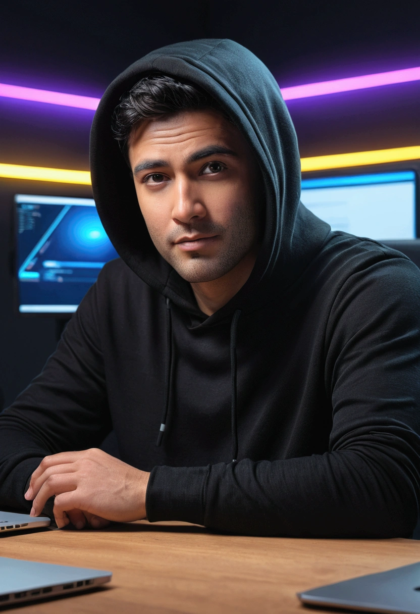 arafed news anchor , a hacker wearing a black hoodie , sitting at a table with a laptop and a microphone, unsplash, realism, , in a streamer studio room, neon ambiance , looking to camera, a photo of a man, portrait shot 8 k, photo portrait, looking towards the camera , ultra detail, high resolution, ultra detailed, best quality, amazing, top quality, extremely detailed CG unity 8k wallpaper, cinematic lighting.

, barnet, toon, Pixar-style, 3d, Cartoon s, face detailed, asymmetrical 16k