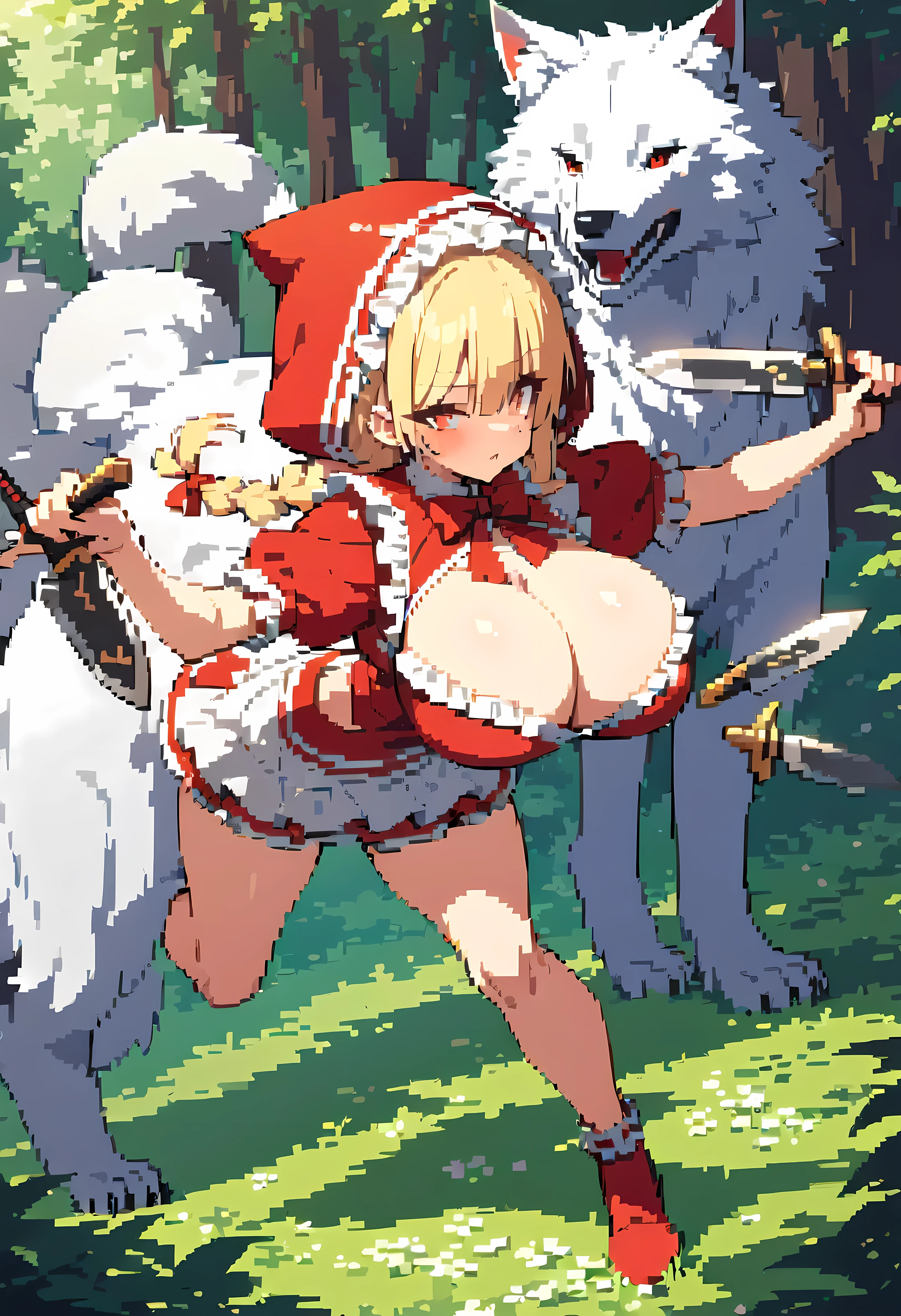 masterpiece, Highest quality, 8K, Little Red Riding Hood, Full body portrait, Precision, Blonde, Braid, One eye is hidden, ((Big Breasts)), My breasts are swinging side to side, Cleavage, blouse, Frills, apron, mini skirt, flare skirt, ((Darker, knife, Two-Way, Holding a weapon in each hand, Cross your arms in front of your chest)), ((Light forward lean, Facing forward, Running towards the front, Powerful movement, Speed, Dynamic Movement)), Follows the wolf, giant white wolf, in the forest, dim