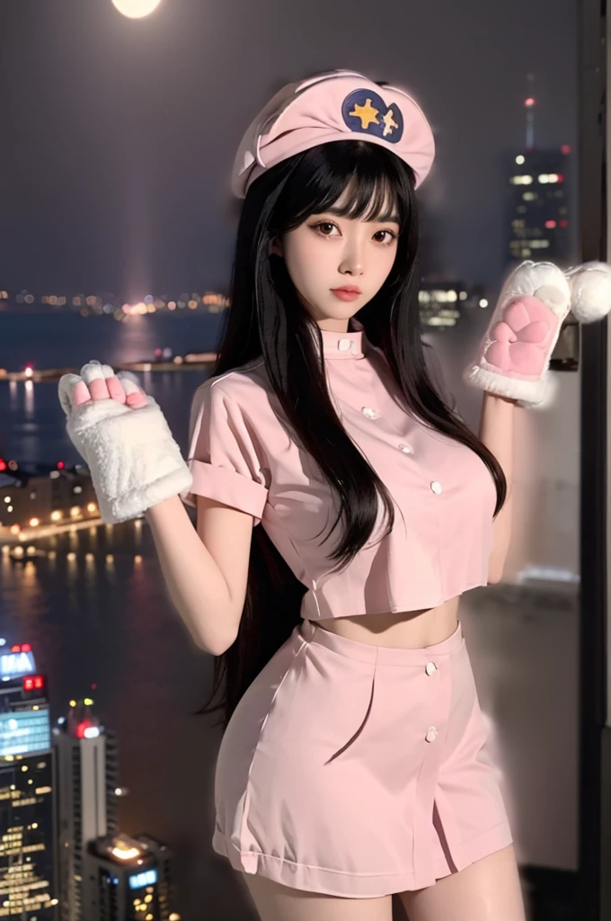 masterpiece,best quality,(photorealistic:1.4),lens flare,(from_above:1.2),(cityscape:1.3),cat paws,shore,hat,nurse outfit,river,moonlight,see-through,(cowboy_shot:1.2),sky,large breasts,(ultra detailed:1.3),unity 8k wallpaper,blunt bangs,black hair,1girl,solo,facial mark,realistic,