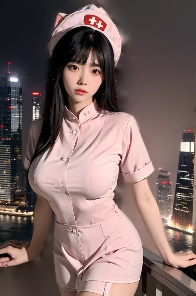 masterpiece,best quality,(photorealistic:1.4),lens flare,(from_above:1.2),(cityscape:1.3),cat paws,shore,hat,nurse outfit,river,moonlight,see-through,(cowboy_shot:1.2),sky,large breasts,(ultra detailed:1.3),unity 8k wallpaper,blunt bangs,black hair,1girl,solo,facial mark,realistic,