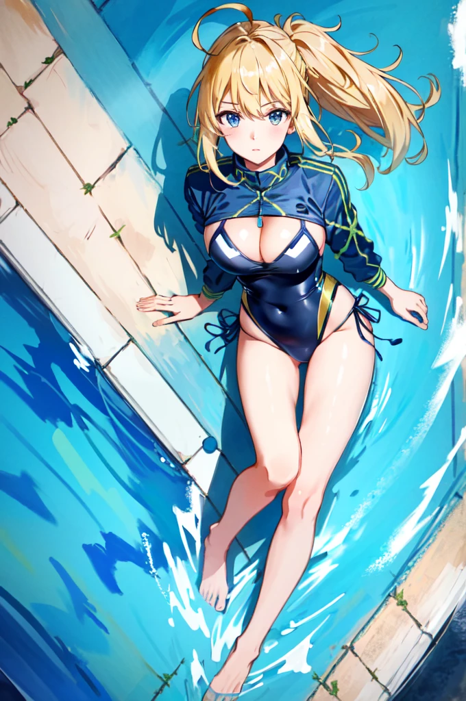absurdres, best_quality, uhd, 5k, (masterpiece:1.4), (best quality:1.4), realistic, 1girl, serious, mysterious heroine xx \(fate\), ahoge, baseball cap, blue headwear, hair through headwear, ((swimsuit)), ((cleavage_cutout)), (medium breasts), bare legs, barefoot, at a pool, pool party, (from above:1.2),