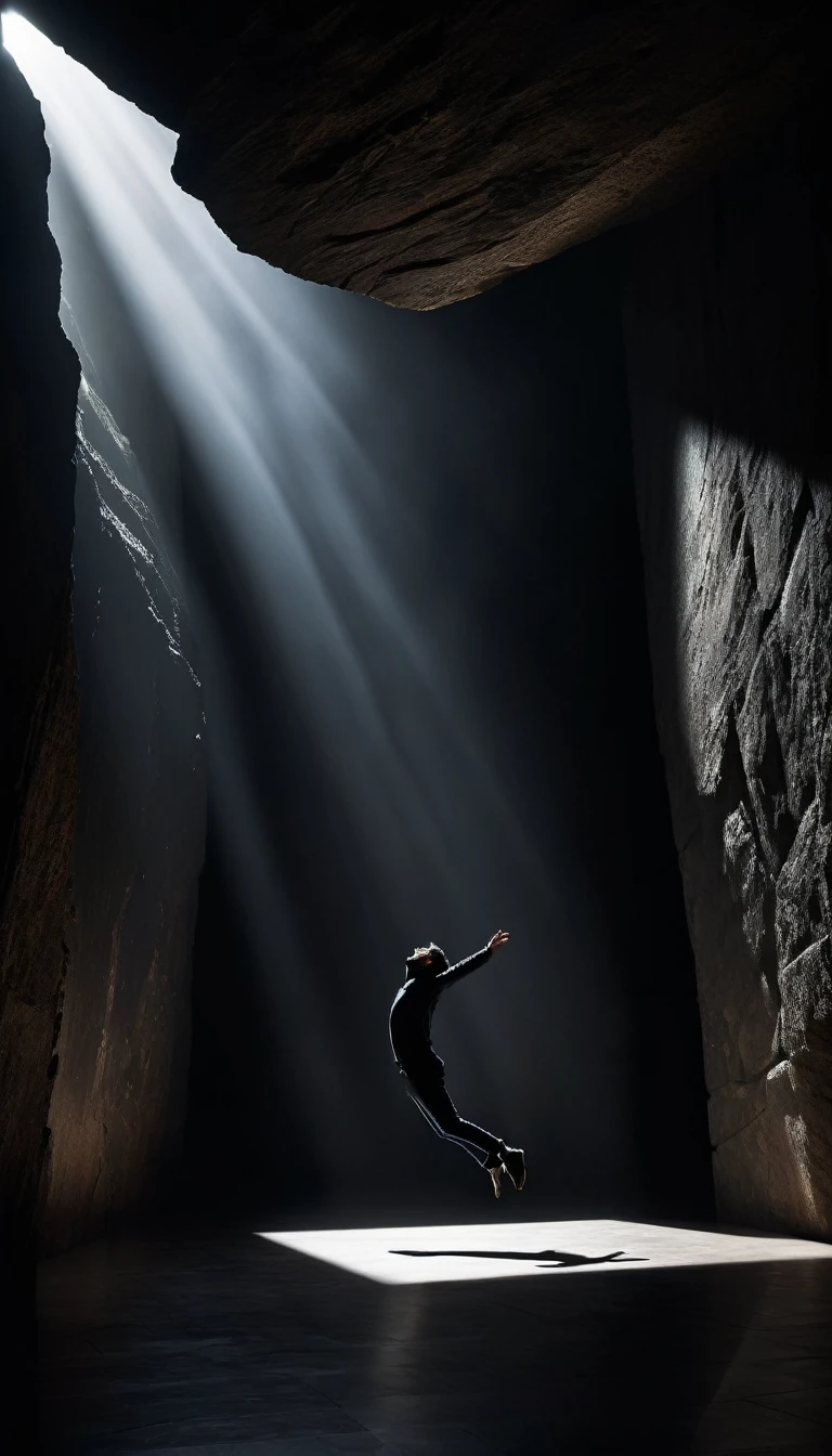 conceptual image featuring a lateral angle of a silhouetted man figure, appearing to be falling down backfaced, The man Suspended in mid-air is in a fetal position. In the background a dark room with rock walls. A beam of bright, white light shines down through the top, illuminating the center of the room. The overall atmosphere is mysterious and otherworldly, with a stark contrast between the dark surroundings and the intense light from above.
