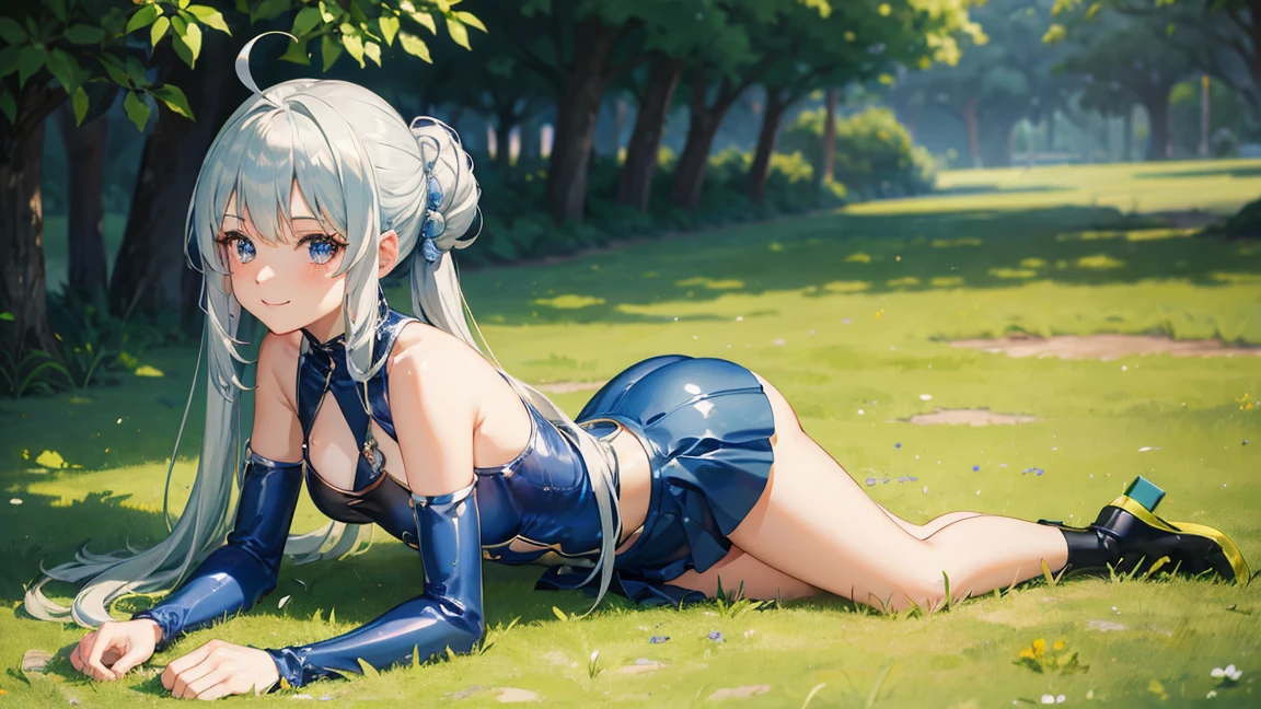 Silver Slime Girl, Normal size breasts, (Blue one piece skirt), On all fours, Grassy plain, silver hair, ahoge, half updo, shiny hair, smile, anime style, UHD, masterpiece, accurate, anatomically correct, super detail, best quality, highres, 4K