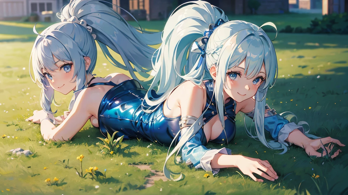 Silver Slime Girl, Normal size breasts, (Blue one piece skirt), On all fours, Grassy plain, silver hair, ahoge, half updo, shiny hair, smile, anime style, UHD, masterpiece, accurate, anatomically correct, super detail, best quality, highres, 4K