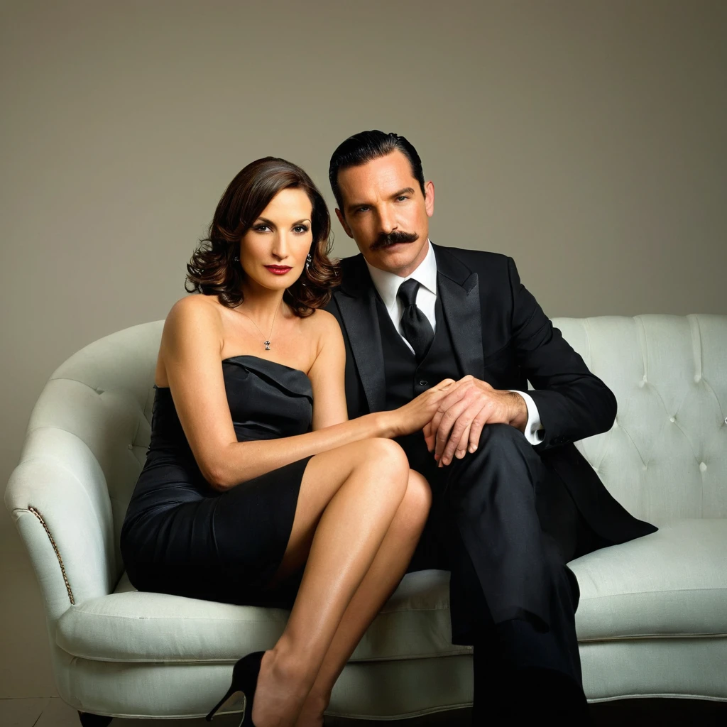 The man in his 45s with black very short hair and smooth face with moustache. The woman in her 45s with brown long wavy hair. The man is dressed in a black suit. The woman is wearing black strapless dress. The man and the woman are sitting on sofa with legs crossed. White background. Studio. Artistic pose. Posing for magazine cover. HDR. UHD. Cinematic.