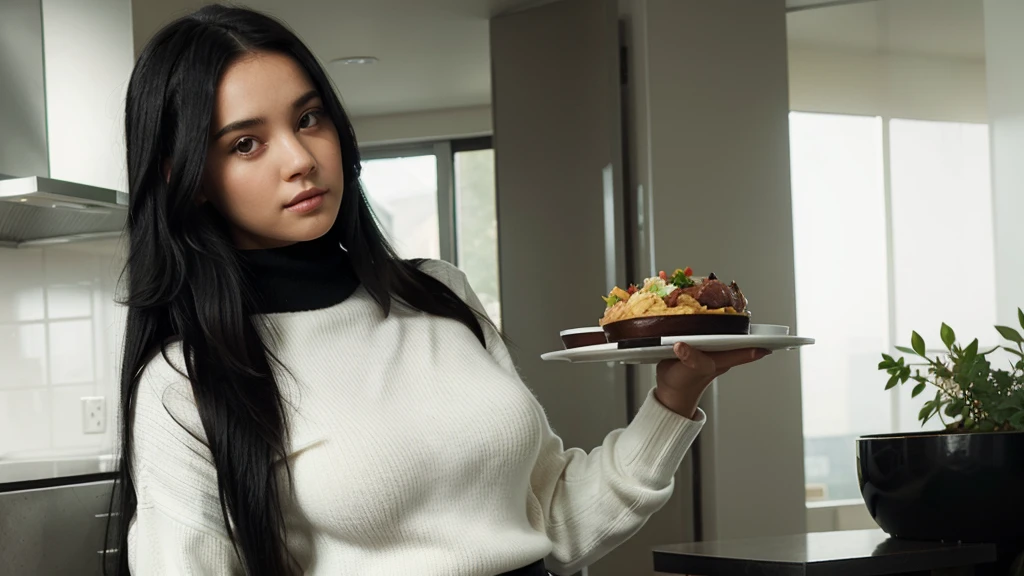 a girl(who is wearing white highneck sweater and black pant, long black hair ) is standing with a plate of food in her hand, side pose,more realistic, background green hills, evening scene