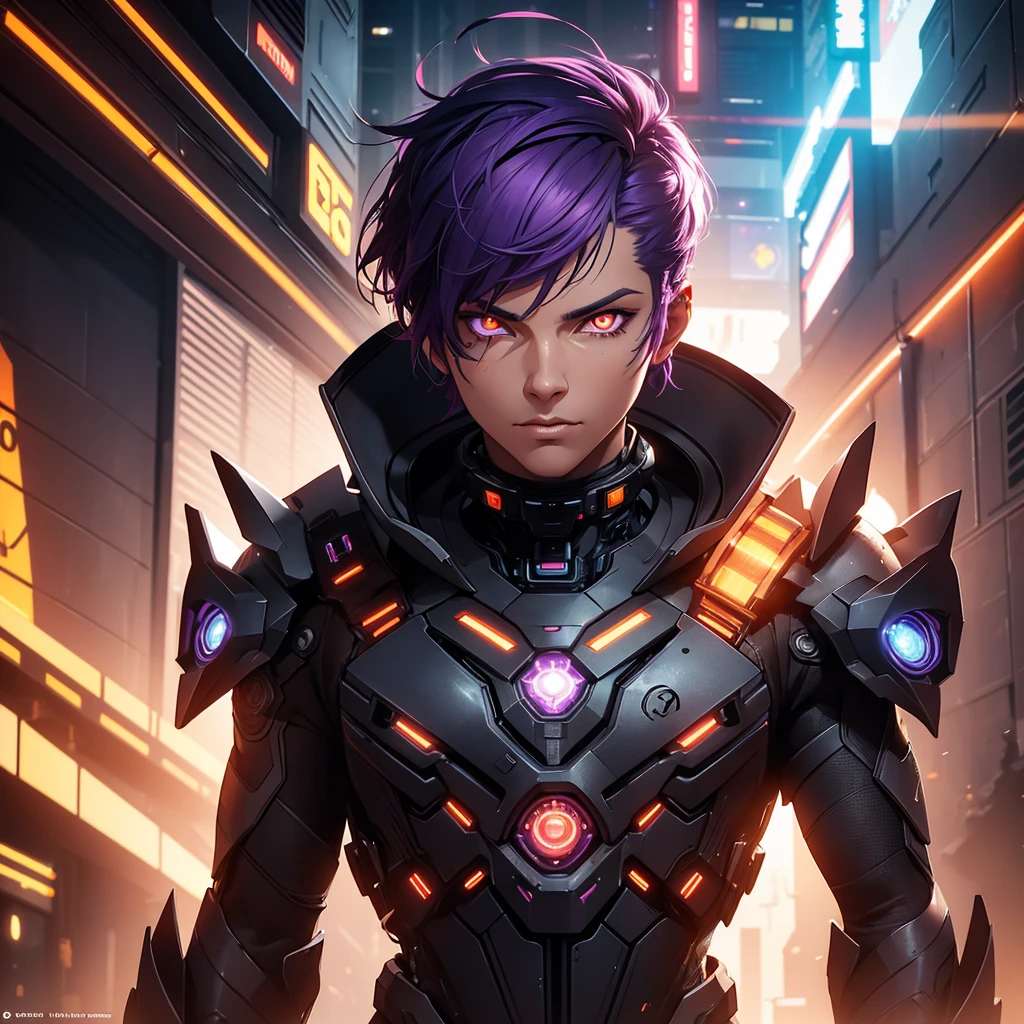 a short-haired man with purple hair, orange cat-like eyes, futuristic sci-fi background, 1 man, extremely detailed face and eyes, intricate details, octane render, cinematic lighting, dramatic atmosphere, neon colors, glowing effects, concept art style