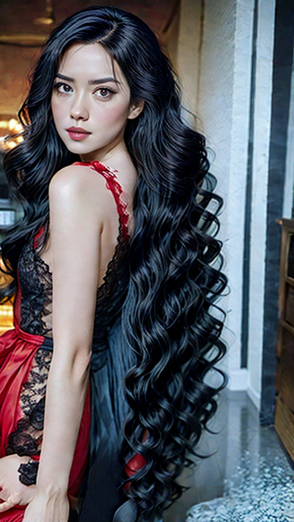 Lili, a woman with long, wavy black hair down to her waist, black eyes and large, small mouth, small nose, small chin, light white skin, wearing a black lace dress with black shoes in a box seat of a show in realistic style in 8k best cinematic quality 