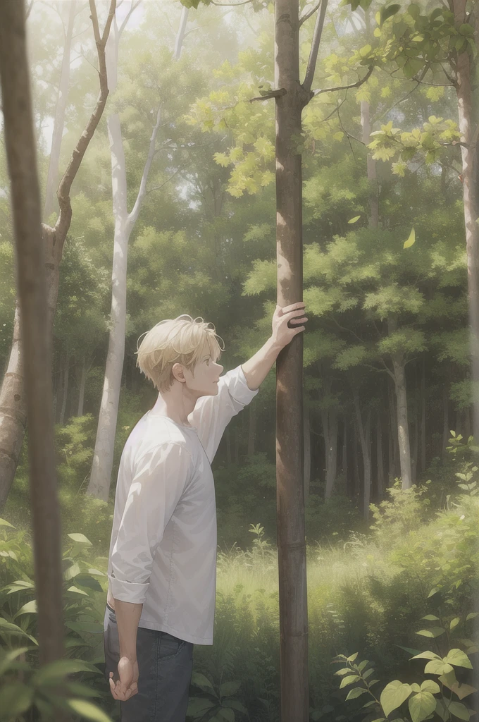 (absurdity, A high resolution, ultra detailed), 1 man, One, adult, (mature:1.4, got old:1.4), tall muscular guy, broad shoulders, Beautiful, angular jaw, thick neck, BREAK, Looking at the viewer, short blond hair, Blue eyes, long sleeves, the forest, the trees are full of greenery, fluttering leaves, Natural light and shade, Jungle exploration, A lot of plants, depth of field, cowboy shot,