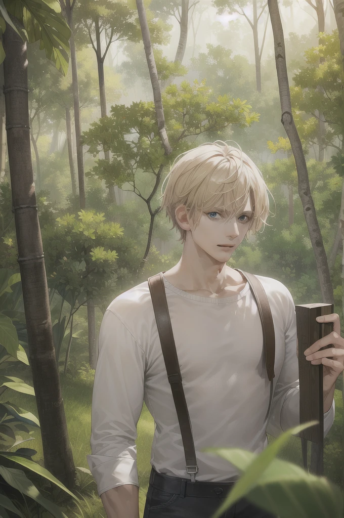 (absurdity, A high resolution, ultra detailed), 1 man, One, adult, (mature:1.4, got old:1.4), tall muscular guy, broad shoulders, Beautiful, angular jaw, thick neck, BREAK, Looking at the viewer, short blond hair, Blue eyes, long sleeves, the forest, the trees are full of greenery, fluttering leaves, Natural light and shade, Jungle exploration, A lot of plants, depth of field, cowboy shot, 