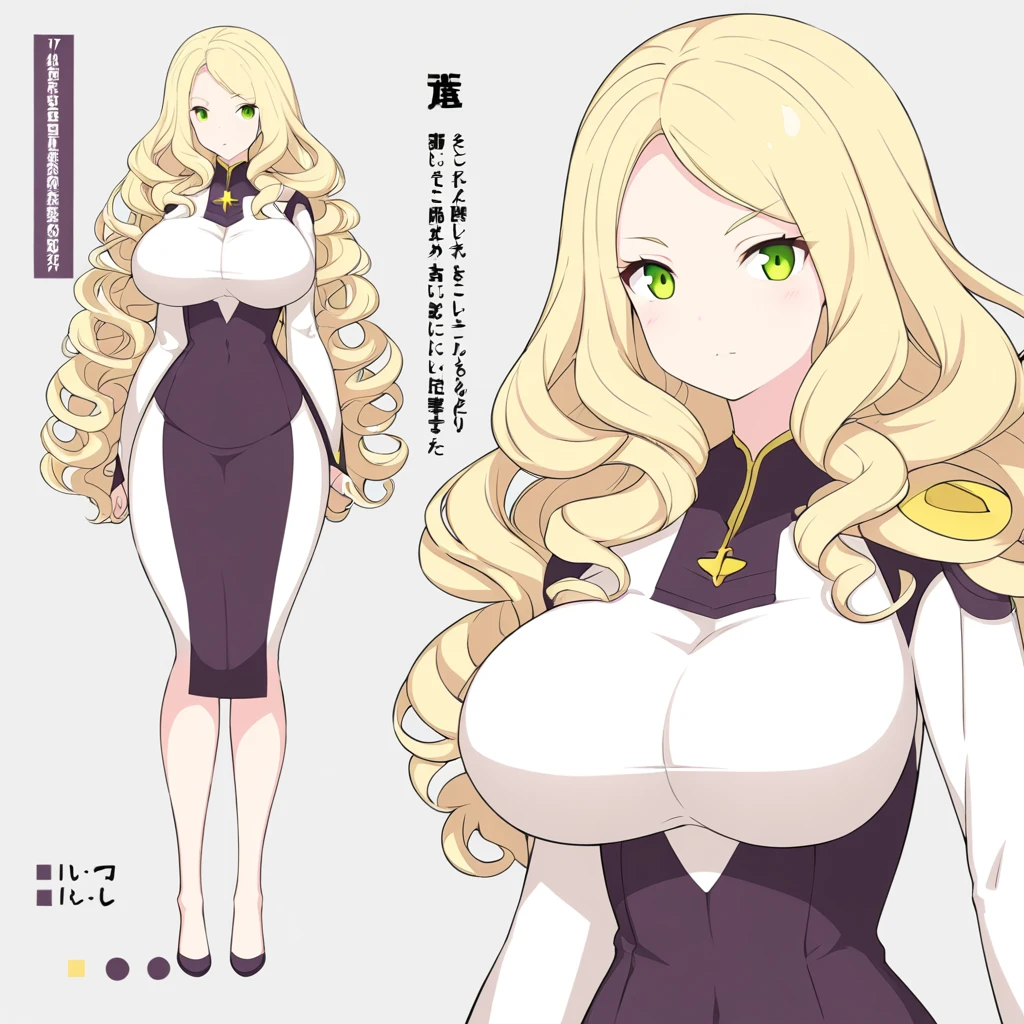 Woman 170cm tall, big chest, wide hip. (character design sheet: front view). (blonde hair, hip length curly wavy hair, It's set in big side bangs., She has a short double braid tied with an elegant purple bow on the left side of her hair above her chest. She has a short double braid tied with an elegant purple bow on the right side of her hair above her chest. She has small ribbons in the back of her hair.). Gray eyes with a purple 4-pointed star in the pupil. Two black and purple serval ears located on the top of the head. Luminous black halo with purple star patterns above his head. black necklace with a heart emblem on the neck. (Elegant one-piece long dress with lace and ruffle skirt, ribbon decorations and star patterns on the dress). black gloves, beautiful black platform heels. gray belt at the waist with a large ribbon with a luminous pink heart in the middle. He has a complex demon tail with a small purple star on the tip.. (It has complex mechanical legs that reach up to the thighs and are black with small purple details.). beautiful detailed hair, beautiful detailed dress. extremely detailed arms. extremely detailed face, small face, Beautiful detailed eyes, beautiful detailed lips. adorable. extremely detailed legs. (Best Quality, 4k, 8k, high resolution), ultra detailed, Exquisite and epic character art.