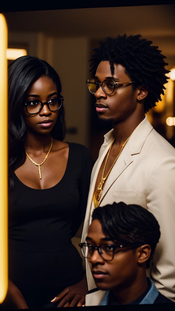 young black men and woman with gold diamonds glasses , 4:3, photo 12k resolution hash flash lighting, shot on ALEXA 65, Velvia 100 , underexposed, Voigtlnder Nokton 50mm f1.1, in the style of Martin Nikon Z 8 with Zoom Lens | with 24-120mm