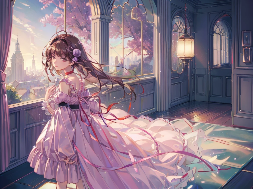 Reala, hair ornament, red choker, pink dress, (masterpiece, Absurd quality, Highest quality, Official Art, beautifully、aesthetic:1.2), 16K, e girl, Very detailed, Digital Art, colorful, Most detailed, Bright colors, (Conversion Sequence), Babinema Lighting, Dynamic Angle, landscape, scenery, (difficult:1.5), (One girl:1.5), (indoor:1.5), Bedroom, lamp, (Hotel Rooms:1.3), (Very detailed lips:1.3), eyelash, Very detailed顔, (Perfect Legs, Perfect hands, Perfect Anatomy:1.1), Depth of written boundary, Speckled sunlight, Beautiful lighting, Little, Floating Hair,
