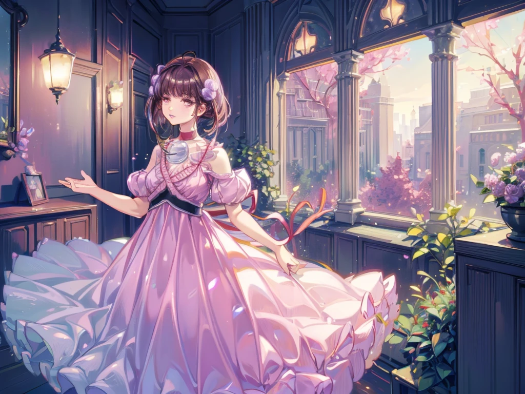 Reala, hair ornament, red choker, pink dress, (masterpiece, Absurd quality, Highest quality, Official Art, beautifully、aesthetic:1.2), 16K, Cute  girl, Very detailed, Digital Art, colorful, Most detailed, Bright colors, (Conversion Sequence), Baby Face, Cinema Lighting, Dynamic Angle, landscape, scenery, (difficult:1.5), (One girl:1.5), (indoor:1.5), Bedroom, lamp, (Hotel Rooms:1.3), (Very detailed lips:1.3), eyelash, Very detailed顔, (Perfect Legs, Perfect hands, Perfect Anatomy：1.1), Depth of written boundary, Speckled sunlight, Beautiful lighting, Little, Floating Hair,