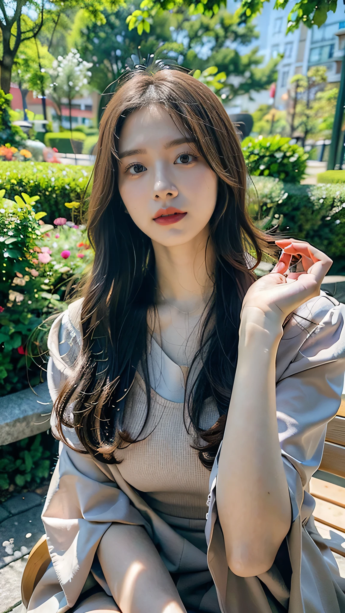 (8K、RAW photography、Highest quality、masterpiece:1.2)、(Realistic、Photorealistic:1.37)、Ultra-high resolution、One Girl、cute、solo, Browsing Caution,Highest quality,masterpiece,8K,Droopy eyes,Big Breasts,Beautiful breasts, In the park, Sitting on a bench, Model Shooting Locations, Sexy pose, Wearing a black dress, Highly detailed face, Highly detailed lips, Fine grain, double eyelid, Exquisite detail and subtle sparkle, Photograph her in poses that reflect both grace and confidence, Enhance visual effects with cinema lighting. Use modern 2D design for the background, Create beautiful, balanced compositions. Enhance the scene with elements such as depth of field, bloom effect, And a touch of sparkle, Add a dreamy texture to the overall image. Pay close attention to detail