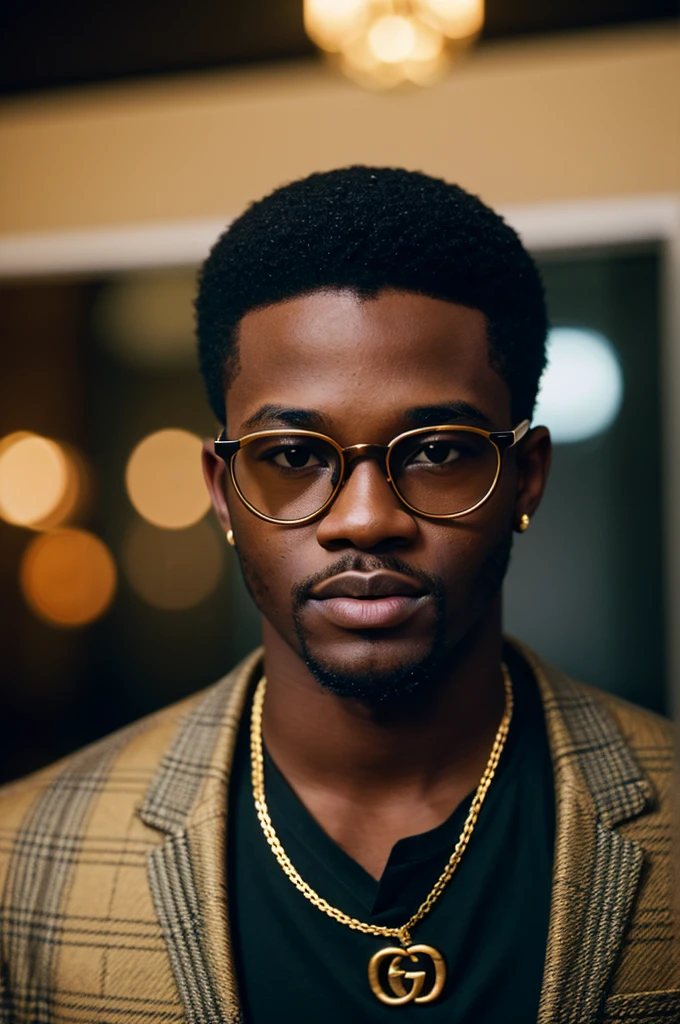 young black men wearing gucci with gold diamonds glasses , 4:3, photo 12k resolution hash flash lighting, shot on ALEXA 65, Velvia 100 , underexposed, Voigtlnder Nokton 50mm f1.1, in the style of Martin Nikon Z 8 with Zoom Lens | with 24-120mm