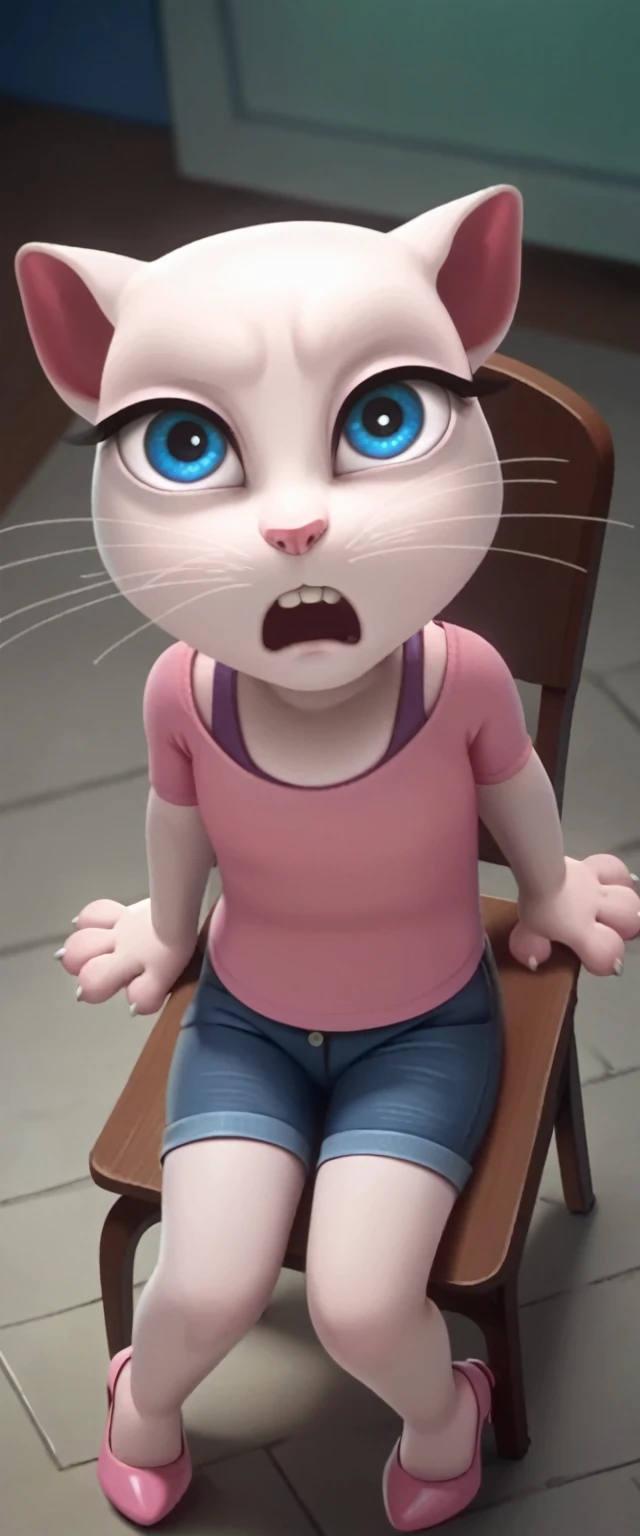 solo focus, a_la, 1girl, cat, white fur, long whiskers on both sides of the face, big bright blue eyes, big black eyelashes, pink nose, triangular ears with pink channels, high heels.short jeans pulled down. 1 girl and 1 boy human.front view. .
The man is sitting on the chair. Woman sits on man
anal screaming, lying, at home, looking back, big penis, 1 male rape, girl . Score_9, Score_8_up, Score_7_