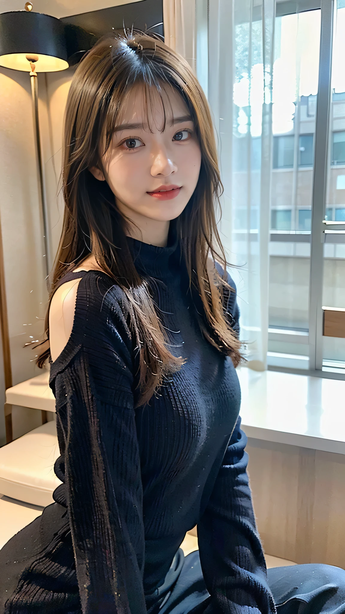 (8K、Raw photo、Highest quality、masterpiece:1.2)、(Realistic、Realistic:1.37)、Ultra-high resolution、One Girl、cute、alone, Browsing Caution，Highest quality，masterpiece，8K，Droopy eyes，Big Breasts，Beautiful breasts, Black turtleneck knit, Inside the room, smile, Highly detailed face, Highly detailed lips, double eyelid, Exquisite detail and subtle sparkle, Photograph her in poses that reflect both grace and confidence, Enhance visual effects with cinema lighting. Use modern 2D designs for your backgrounds, Create beautifully, Balanced composition. Enhance the scene with elements such as depth of field, bloom effect, And a touch of sparkle, Adds a dreamy texture to the entire image. Pay close attention to detail