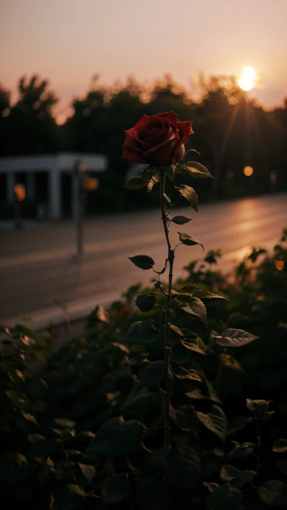 Some roses in one frem background blur and sunset