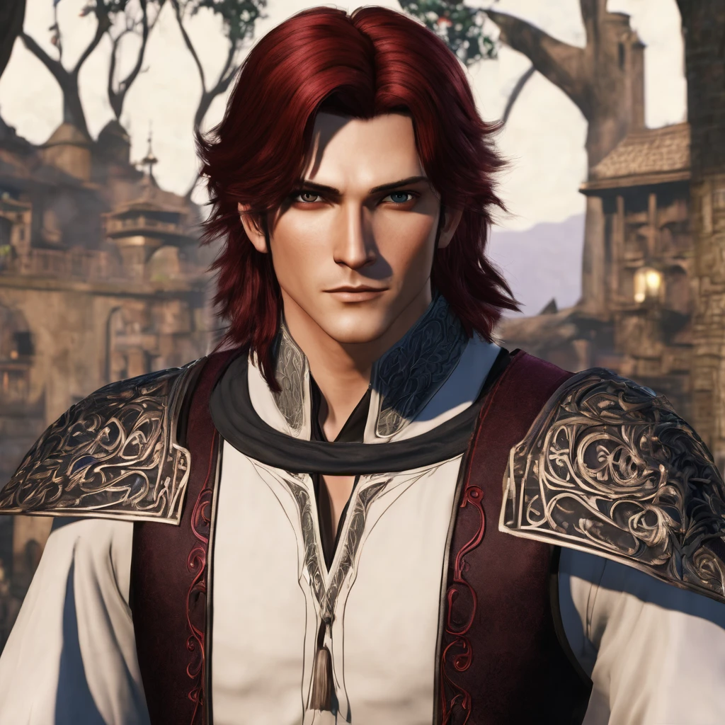 A male fantasy character with normal length dark red hair. His eyes are red. He's wearing a black top and black pants. There are bandages on his chest and one arm: There are black marks from his wrist to his neck. ceketin eteklerinde tutuşmuş alevler var. Represents the fire element.