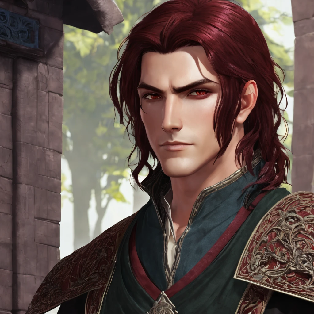 A male fantasy character with normal length dark red hair. His eyes are red. He&#39;s wearing a black top and black pants. There are bandages on his chest and one arm:  There are black marks from his wrist to his neck. ceketin eteklerinde tutuşmuş alevler var. Represents the fire element. 