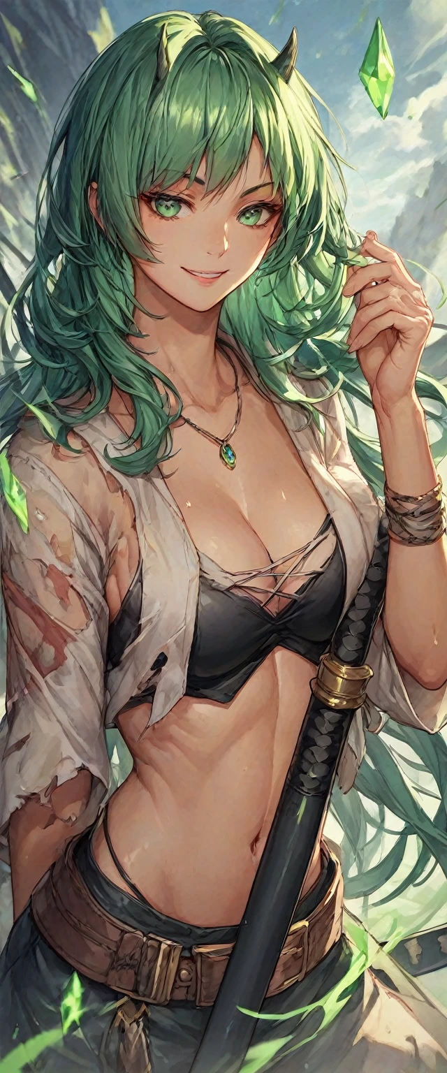 anime style a demon woman with black and green hair with emerald green eye with scary smile holding a katana with destroyed city background