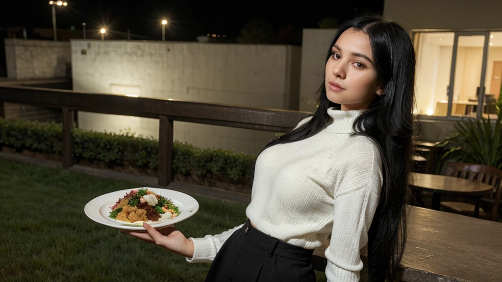 a girl(who is wearing white highneck sweater and black pant, long black hair ) is standing with a plate of food in both of her hand, side pose,more realistic, background green hills, evening scene