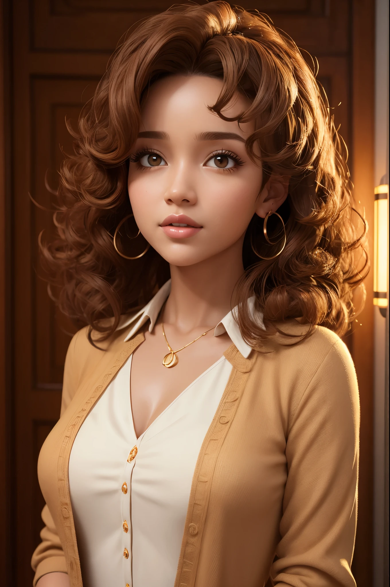 PIXAR STYLE 3D A LIGHT SKIN WOMAN WITH BROWN CURLY HAIR WITH A LIGHT BLOUSE A WELL LIT BACKGROUND 