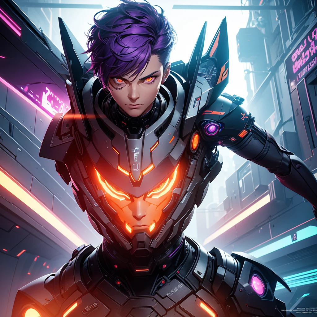 a short-haired man with purple hair, orange cat-like eyes, futuristic sci-fi background, 1 man, extremely detailed face and eyes, intricate details, octane render, cinematic lighting, dramatic atmosphere, neon colors, glowing effects, concept art style