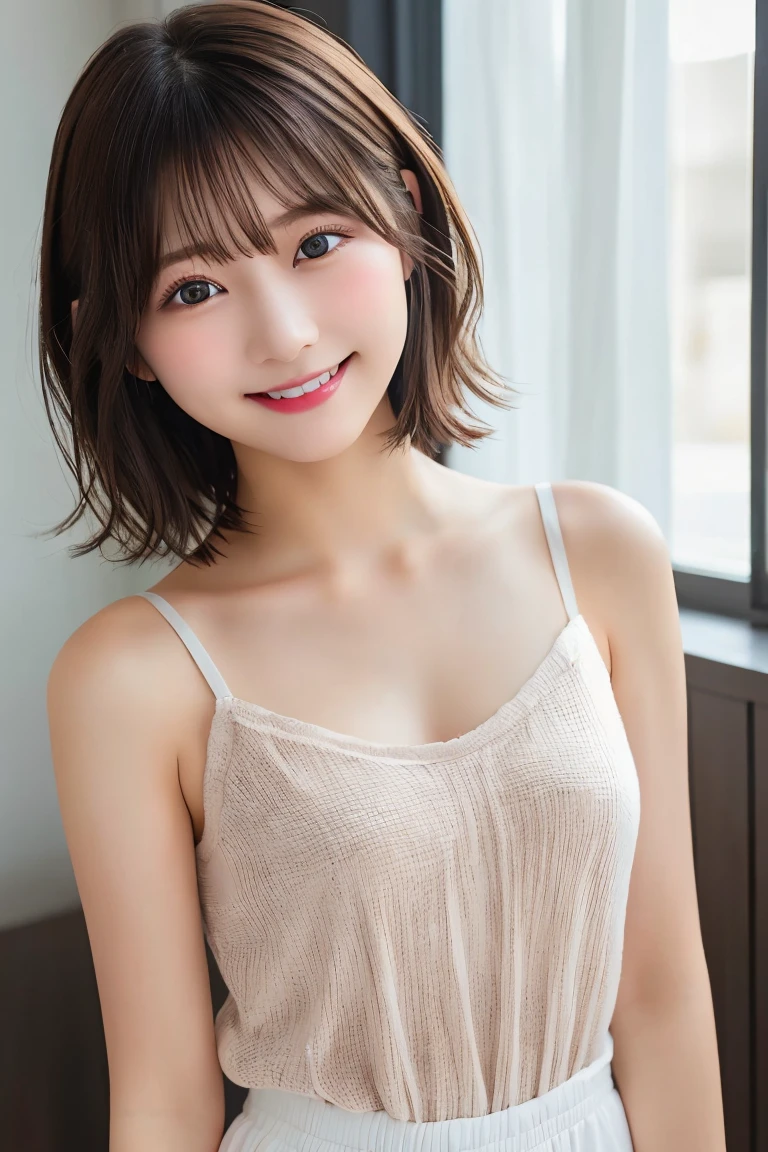 Highest quality, (beautiful)、Super delicate eyes、Brown eyes、22-year-old female、Brown Hair、smile、looking at the camera、Semi-short hair、Gal、camisole、Head to waist