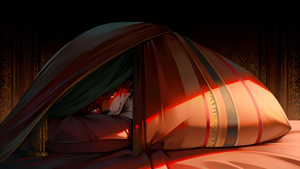a muscular male anthro wolf with red fur and gold markings, and red eyes,seductive look, laying on a bed, (best quality,4k,8k,highres,masterpiece:1.2),ultra-detailed,(realistic,photorealistic,photo-realistic:1.37),detailed facial features,extremely detailed eyes and face,detailed muscular body,red hair,anthro,frontage,naked under blankets