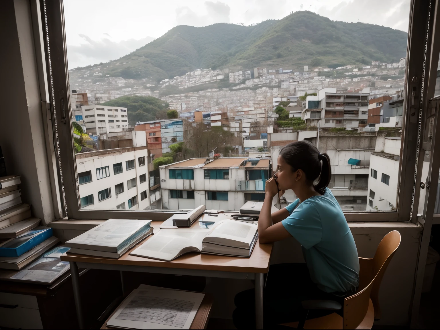 statistical data, spreadsheet, DESK, DESK moderno, Analysis, study, bookcase, textbooks, caneta, building, glass door, window overlooking the favela, Someone studying, study, leitura, person studying, person reading, person analyzing graph, good view from the window, slum in the background, art picture on the wall