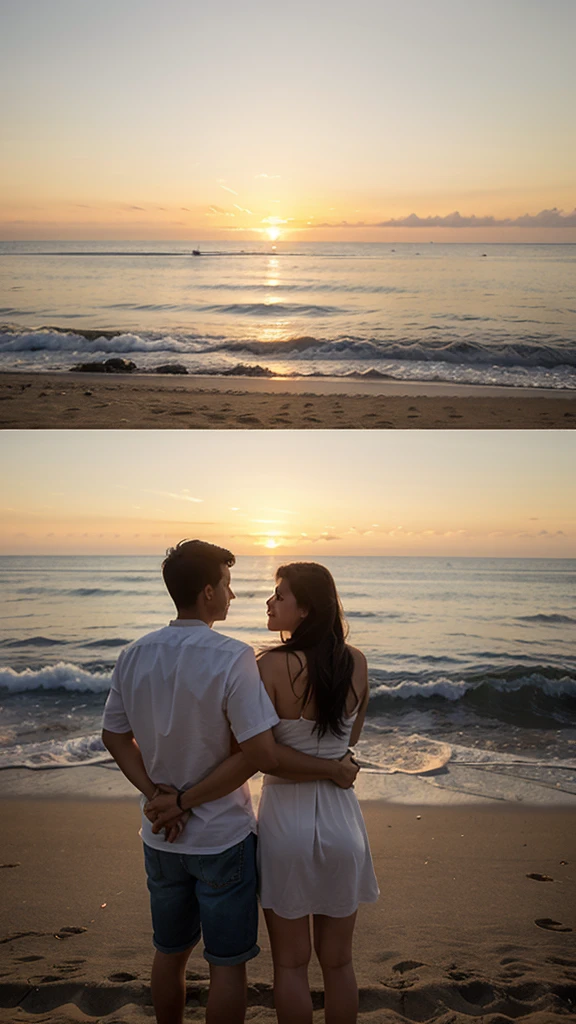 a couple watching the Sunset in a beach, looking the horizon