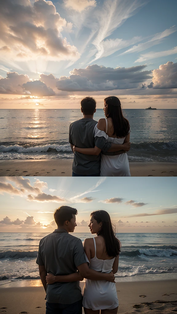 a couple watching the Sunset in a beach, looking the horizon