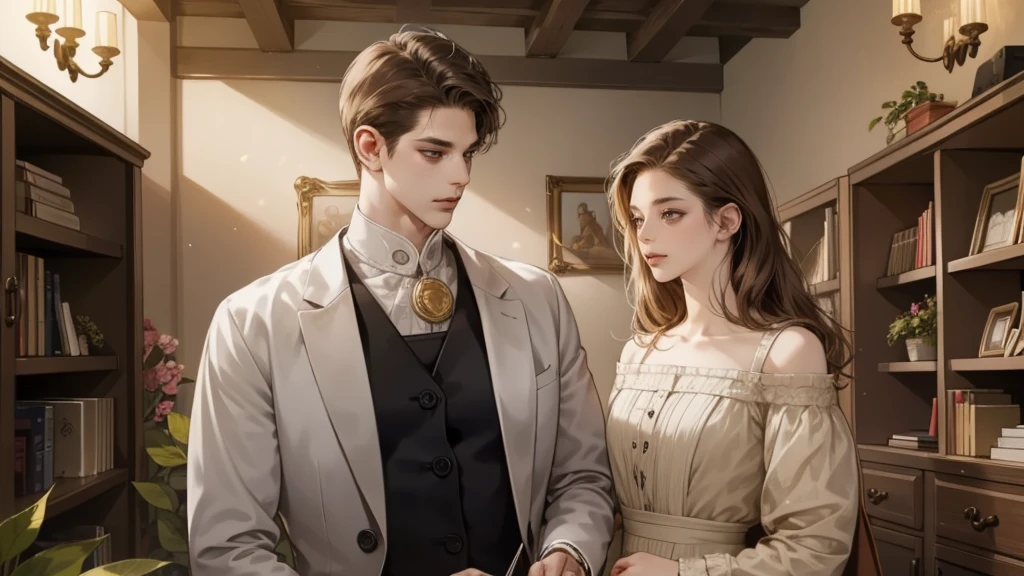 masterpiece, Best quality, realistic, 1 person, Mature man, Quiet and charming young man, 25 years, waist up very detailed face, narrow shoulders, thin, Middle Ages, 19th century,, ((golden eyes)), ((Short, dark brown hair combed to the right)), [thick eyebrows], Cinematic lighting, I look at the audience, posture dynamics, dress the doctor, monocle, In the hands of a book, behind there is a cabinet with medicines and herbs, books, standing indoors