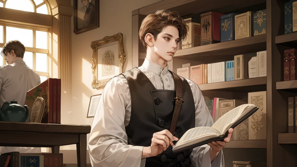 masterpiece, Best quality, realistic, 1 person, Mature man, Quiet and charming young man, 25 years, waist up very detailed face, narrow shoulders, thin, Middle Ages, 19th century,, ((golden eyes)), ((Short, dark brown hair combed to the right)), [thick eyebrows], Cinematic lighting, I look at the audience, posture dynamics, dress the doctor, monocle, In the hands of a book, behind there is a cabinet with medicines and herbs, books, standing indoors