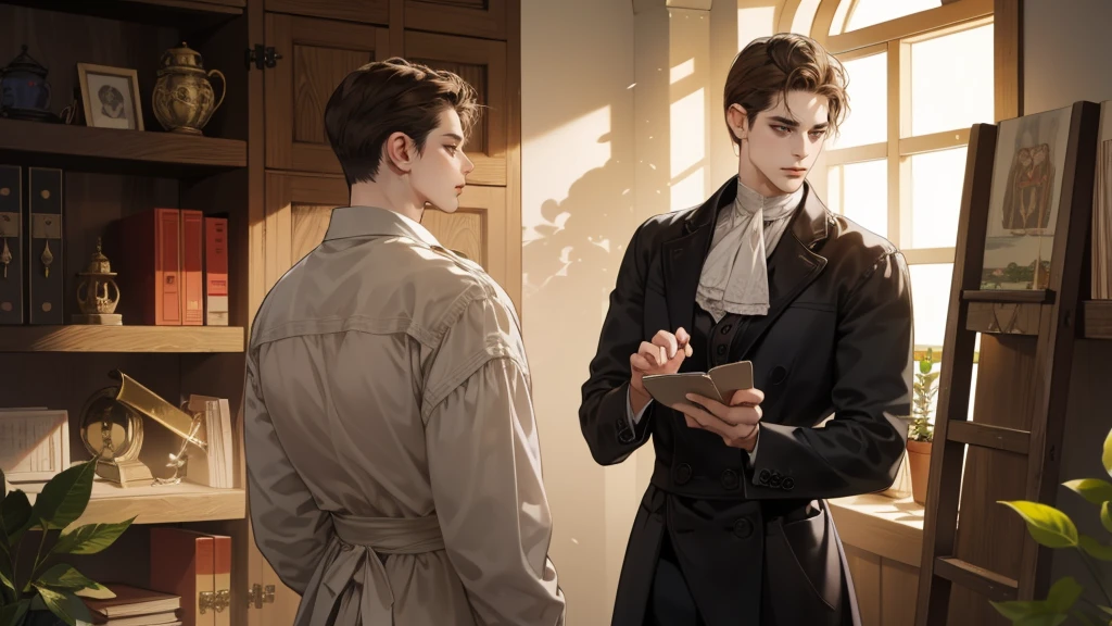 masterpiece, Best quality, realistic, 1 person, Mature man, Quiet and charming young man, 25 years, waist up very detailed face, narrow shoulders, thin, Middle Ages, 19th century,, ((golden eyes)), ((Short, dark brown hair combed to the right)), [thick eyebrows], Cinematic lighting, I look at the audience, posture dynamics, dress the doctor, monocle, In the hands of a book, behind there is a cabinet with medicines and herbs, books, standing indoors