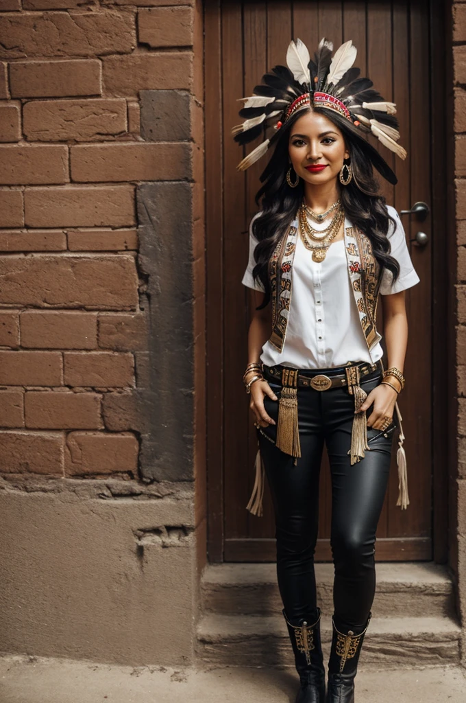 karen: Loud Voice
*Personality*:
- Cheerful and lively, always in movement, very expressive and emotional in her interpretations Long curly blonde hair
*outfit*:
- *Mix of indigenous and metal*: tight black pants, white shirt with painted muisca details, corset or waistband over the shirt.
- *accessories*: Necklaces and bracelets with Colombian indigenous motifs, wide decorated belts, seed headdresses.
- *shoes*: military boots.
- *make-up*: smoky eyes with terracotta colors, gold and black.
- Red lips.
- *Additional details*: indigenous embroidery, asymmetrical skirts over pants, colored ribbons in hair.