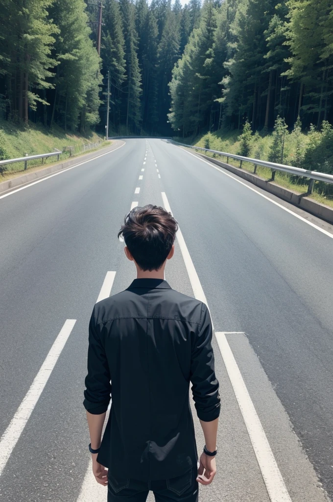 Image of a man with his back looking at a road with two lanes