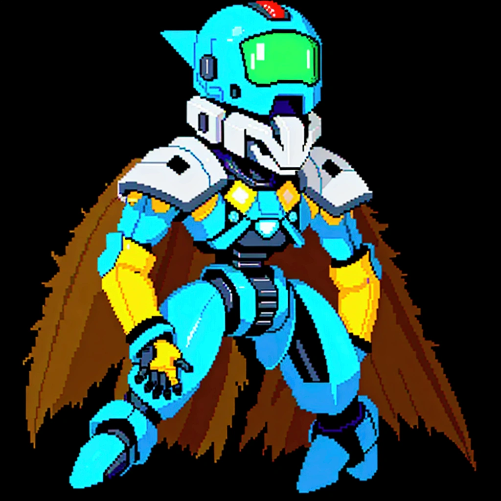 Medabot, gundam, A mecha robot. A robot, pixel image of a blue and yellow robot with a green helmet, crow in cyber armour, varguyart style, alien space knight, male robotic anthro orca, shovel knight as daft punk, clothed in cyber armour