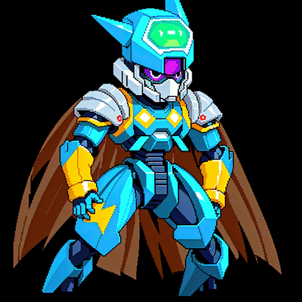 Medabot, gundam, A mecha robot. A robot, pixel image of a blue and yellow robot with a green helmet, crow in cyber armour, varguyart style, alien space knight, male robotic anthro orca, shovel knight as daft punk, clothed in cyber armour