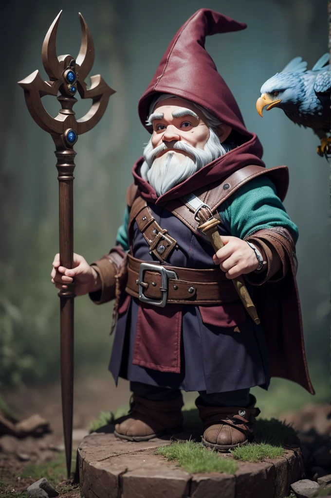 Gnome necromancer with a hood and staff with an eagle behind him