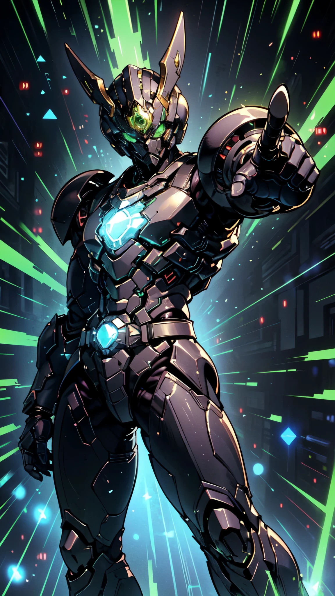 (masterpiece:1.5, best quality:1.5, extremely delicate:1.5, foreshortening:1.5, dynamic angle:1.5), a man wearing a full-face helmet, a fantasy-style biotech armored combat suit, green eyes, (a composite layered chest armor), fully enclosed shoulder guards, matching arm and leg guards, the belt is adorned with neon circuitry, (the color scheme is primarily black glow with green and red accents), the design balances heavy with agility, a high-tech bio-mecha armor, (Armor Concept Inspired by neon Cyberpunk, stand on the top of a skyscraper in a futuristic sci-fi city), this character embodies a finely crafted fantasy-surreal style armored hero in anime style, exquisite and mature manga art style, (element, plasma, energy, the armor glows), ((male:1.5)), metallic, high definition, highres, ultra-detailed, ultra-fine painting, professional, perfect body proportions, golden ratio, anatomically correct, symmetrical face, extremely detailed eyes and face, high quality eyes, creativity, RAW photo, UHD, 32k, Natural light, cinematic lighting, masterpiece-anatomy-perfect