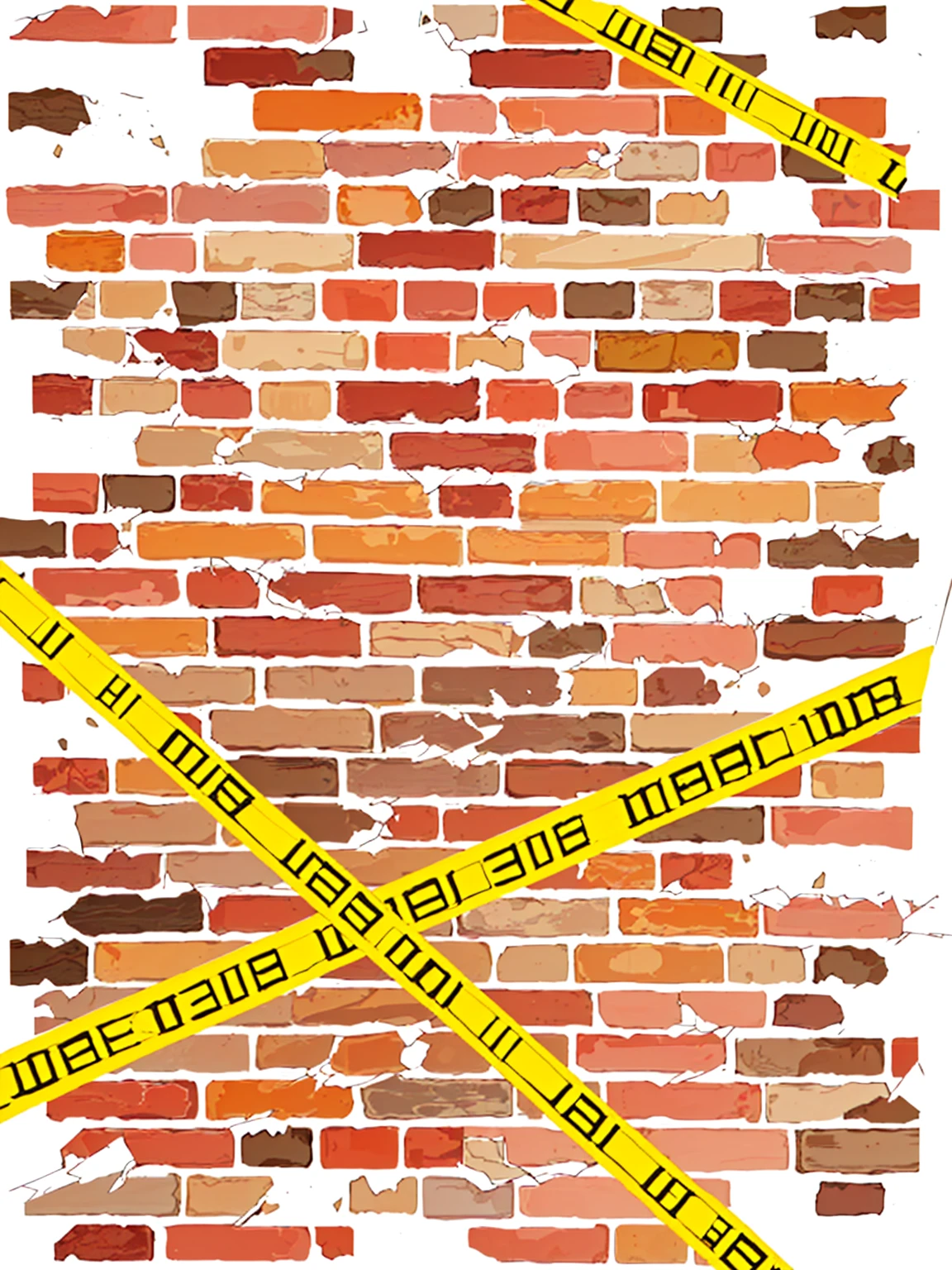 yellow tape is taped around a brick wall with a sign, , 摇摇欲坠的brick石, brick wall, brick walls, brick wall background, brick, cracked brick wall, painted on a brick wall, brick debris, Graffiti _ background ( smokes ), cracked brick background, Danger, bricks, background artwork, brick wall texture, red bricks, firewall, artwork,Anime style,Detective Conan painting style